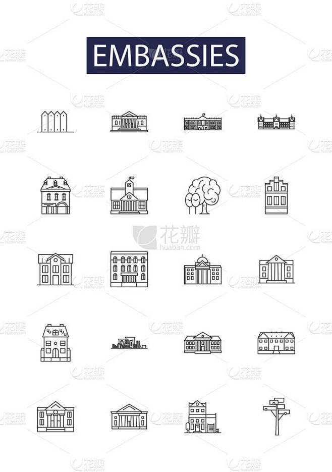 大使馆线矢量图标和符号。外交官、领事、大使、使领馆、使团、联络处、特使、办公室