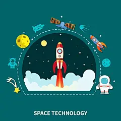 空间技术概念。空间技术概念宇宙飞船和卫星符号平面矢量插图图片下载