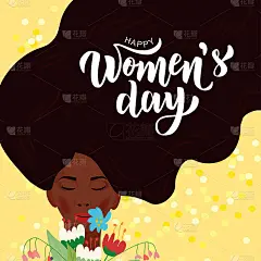 祝你妇女节快乐，上面写着可爱美丽的女孩肖像和鲜花。适合3月8日的假期。