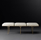 RH Modern's 1960s Link Fabric Bench:Inspired by mid-century industrialism, our sculptural Y-form bench creates a streamlined seating triptych. Comfortable padded cushions sit atop a steel frame with a brushed brass or polished chrome finish.