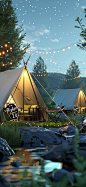 3D rendering of outdoor camping tents at night, with a grassland background and stars twinkling in the sky. Light yellow triangular fabric with the text "season flighters 2.0" on the tent wall. A small stream flowing through the campsite with li