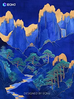 大美国风丨EQMJ AI绘制克莱因蓝鎏金山水画_10_EQMJ官方代言人_来自小红书网页版