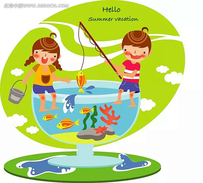 坐在高脚杯上钓鱼的两个卡通可爱小朋友插画|钓鱼|动漫|高脚杯|海草|