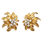 Floral Gold & Diamond Clip On Earrings, 1st Dibs