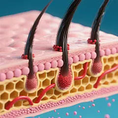 高度写实的3D医学解剖插画，皮肤多层结构的立体剖面展示，顶层有三根粗壮、乌黑、表面光滑的毛发从毛囊中长出，毛囊根部附着红色颗粒状物质，中层可见排列整齐的粉色圆形细胞结构，底层是黄色蜂窝状组织，其间分布着红色管状结构并向外渗透粉色微粒，整体色调以肉粉色、淡黄色、红色为主，光影柔和，立体感强，细节清晰，具有科学严谨的医学可视化风格，突出皮肤各层组织的微观结构和相互关系。