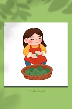 妈妈包粽子卡通手绘端午节人物元素插画