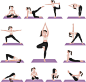 白衣黑裤子紫色瑜伽垫卡通女性瑜伽动作姿势姿态图标图案元素矢量素材