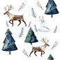 水彩手绘森林动物麋鹿狐狸兔子松树枝叶PNG免抠设计素材  (4)