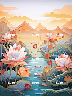莲花工艺纸插图玉，风景，乌云，中国风，水彩画海报