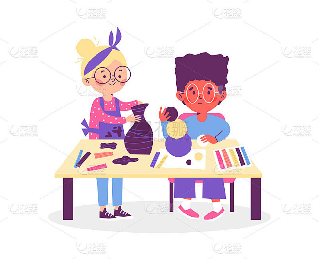 男孩和女孩做工艺品和艺术，卡通平面矢量插图孤立。