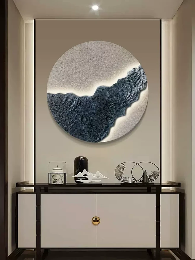 新中式玄关立体浮雕装饰画砂岩肌理大气挂画客厅卧室床头圆形壁画-tmall.com天猫-花瓣网