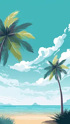 绿色扁平风清爽夏季海边插画图片