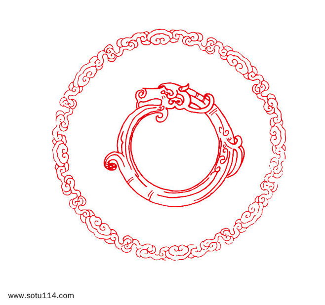 红色云纹边框龙纹传统圆形图案