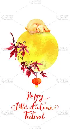 兔卧月圆，红红的枫叶，中国节日的灯笼。中秋水彩画卡