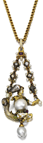 Gold, enamel, baroque pearl and diamond pendant showing a knight with the body of a seahorse. Circa 1880s. Via Sothebys.