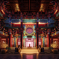 Front view of the interior stage design of the Chinese-style architectural architecture, animation of a beautiful golden palace in the night sky, Goa style - patterns, swirls, vibrant murals, Unreal Engine 5, Qajar art, classical, historical genre scenes,