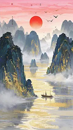 金箔岩彩，岩彩画，金箔，金粉，插画，洒金，矿物颜料，磨砂肌理感，夕阳，巨大的红日，红粉色的天空，金色的水面倒影，飞鸟，桂林阳朔，通透感，笔触，大面积留白，清透感，写意，大师绘画风格，层次感，留白，中国