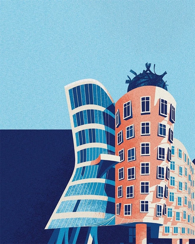 简洁大气的扁平风格建筑插画-花瓣网
