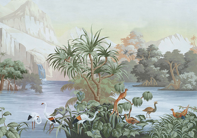 腔调壁纸手绘欧式西洋画原始丛林花鸟壁画无缝墙纸客厅卧室m1507淘宝