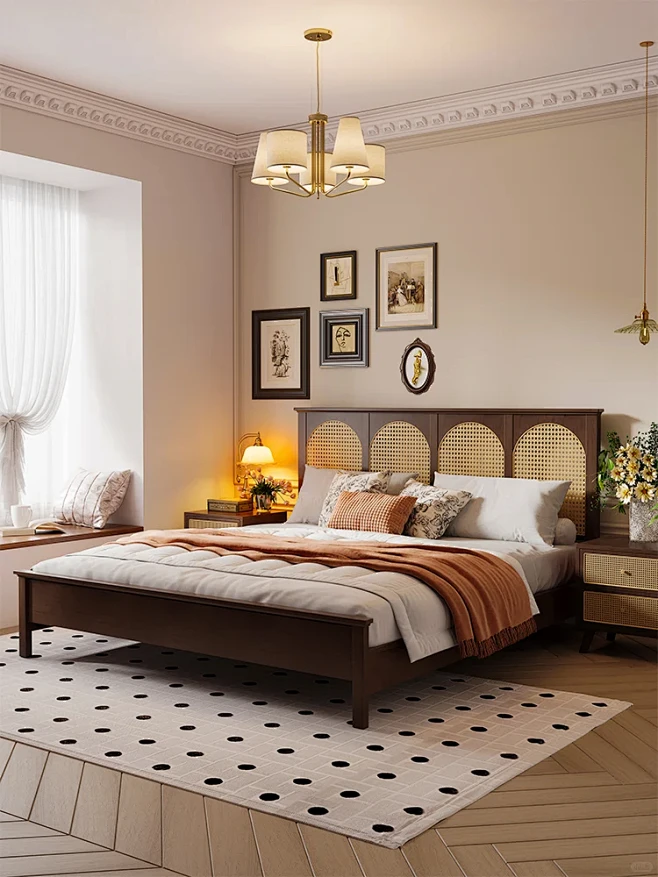 美式复古实木藤编床，让你的卧室瞬间升级！