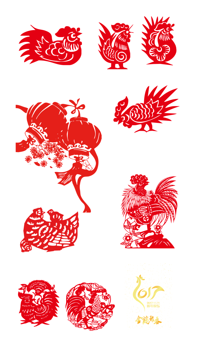 红色小鸡剪纸 大公鸡 扁平化剪纸   剪...