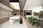 This may contain: the modern kitchen is clean and ready to be used as a living room or dining area