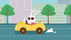 城市交通出行可爱萌宠白色兔子手绘插画