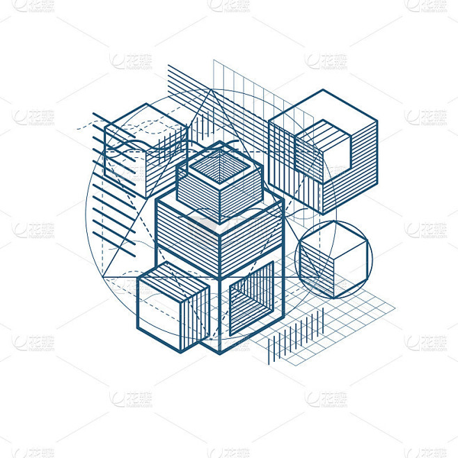 线和形状抽象矢量等距3d背景。立方体，六边形，正方形，矩形和不同的抽象元素的布局。