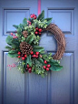 PInecone Wreaths, Winter Door Wreaths, Green Red, Winter Decor, Grapevine Wreaths Winter, Christmas Wreaths by WreathsByRebeccaB on Etsy