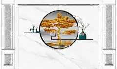 金色发财树麋鹿造型背景墙  - 源文件下载【酷图网】框框,五宫格,造型,大理石,大理石底纹,背景墙,电视背景墙,中式背景墙,意,境背景墙,