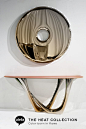 Steel furniture in flamed gold color, mirror and lether console set.