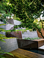 Hilgard Garden, a garden staged in San Francisco  Located in Berkeley Hills, San Francisco, Hilgard Garden is a Japanese-inspired garden consists of a deck ipe, linked to the house, a small white granite terrace, a pool of water and a hill bearing made ​​