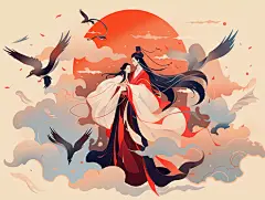 七夕扁平国风牛郎织女鹊桥相会浪漫古风插画中国古代神话故事