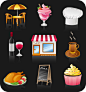 9个精美餐厅元素图标矢量素材，素材格式：EPS，素材关键词：图标,蛋糕,咖啡,菜单,厨师帽,冰淇淋