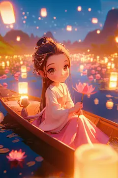数字艺术中元节七月半放河灯古风人物插画