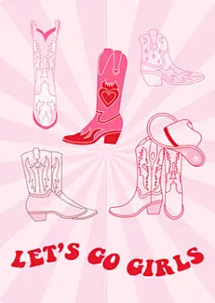 图源免费EPS |复古牛仔时尚印花，搭配女牛仔靴和文字。复古学院风的墙面艺术。女孩们，出发吧语录。牛仔西部主题。手绘矢量海报。