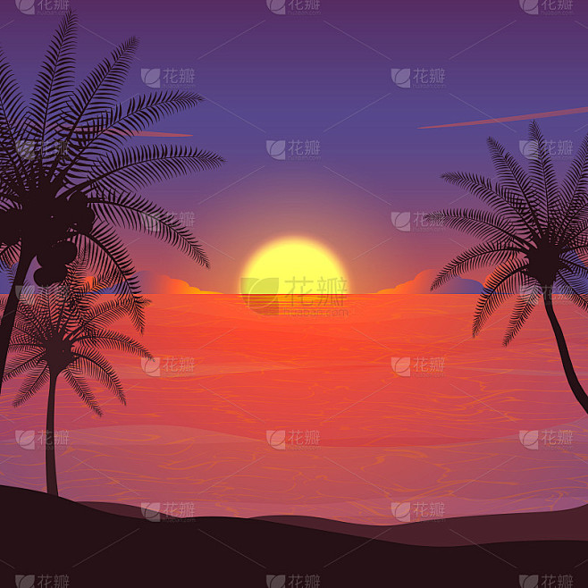 快乐夏夜派对，夕阳沙滩紫色天空矢
