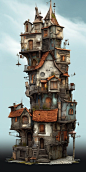 a city block with a gotich and stone stairs, in the style of gothic steampunk, clear, color ful, sketchfab, caricature-like, i can't believe how beautiful this is, precise, detailed architecture paintings, whimsical grotesque, 3d rendering