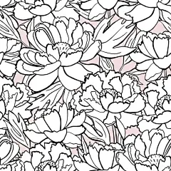 无缝图案与黑色轮廓白色牡丹在粉红色的背景。图片下载