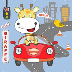 汽车,绘画插图,幸福,矢量,女孩,红松,长颈鹿,可爱的,贺卡,车轮