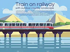 火车与户外乡村景观的铁路。向量旅游概念