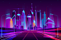 Modern city highway in street lamps light neon cartoon vector illustration Free Vector