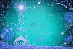 圣诞圣诞场景，贺卡和圣诞树上的鲜花和蝴蝶，蓝色的闪闪发光