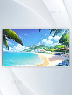 AI绘画夏日海滩大海假期树丛插画