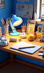 A lovely desk with stationery, some mechanical drawings, 3D, OC renderer, blue style, cartoon, cute, super detail, HD