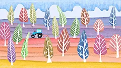 农村生活小树林手绘插画