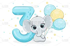 卡通插图“生日快乐，3岁”，可爱的小象。矢量插图。