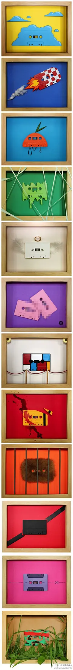 #求是爱设计#卡带再回首，来自法国艺术家Benoit Jammes 的可爱俏皮盒式磁带设计，记忆中的磁带随着时间一去不复返，这些作品勾起了我们对80年代事物的怀念，整套作品完全由手工制作，利用废弃卡带，对一些著名的电影海报进行了重新设计。