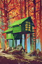 绘画插图,秋天,森林,温室,小木屋,四季,水彩画颜料,美术工艺,橙色