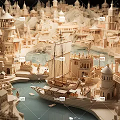 中世纪海滨古城港区的3D模型，纸质艺术插图风格海报